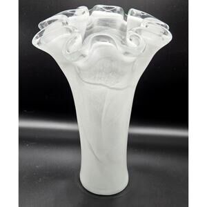 Authentic Murano Art Glass White Swirl Vase Crystal Edge 10.5” Handkerchief